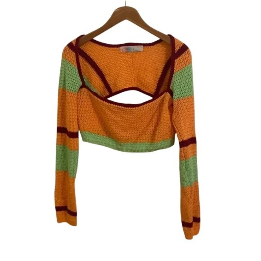 Free People Love Me Long Sleeve Fauxchet Stripe Crochet Crop Top